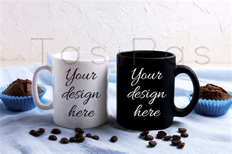 Download White and black mug mockup with coffee beans and muffins